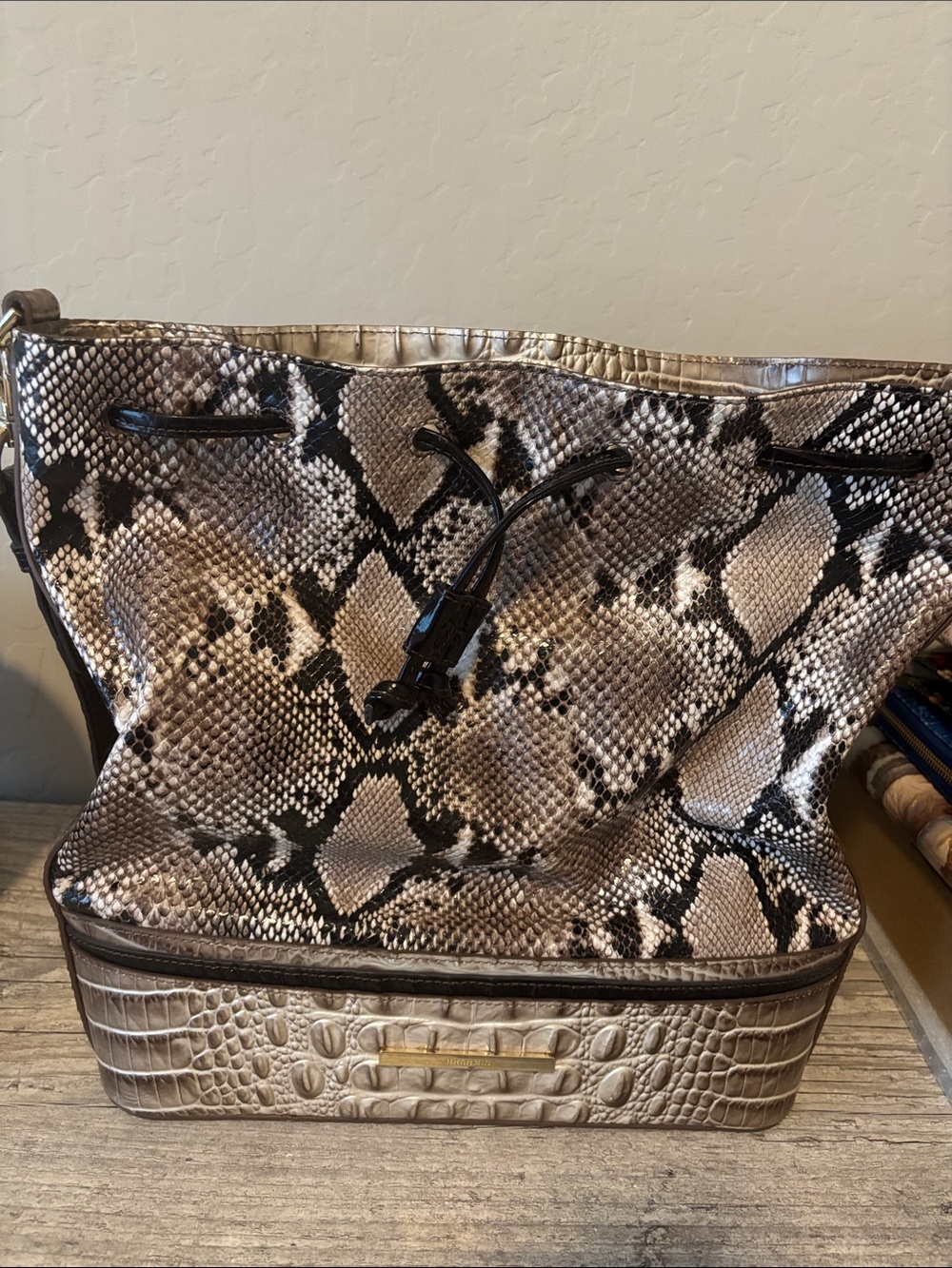 Snake-Embossed Drawstring Tote Bag in Taupe and Black